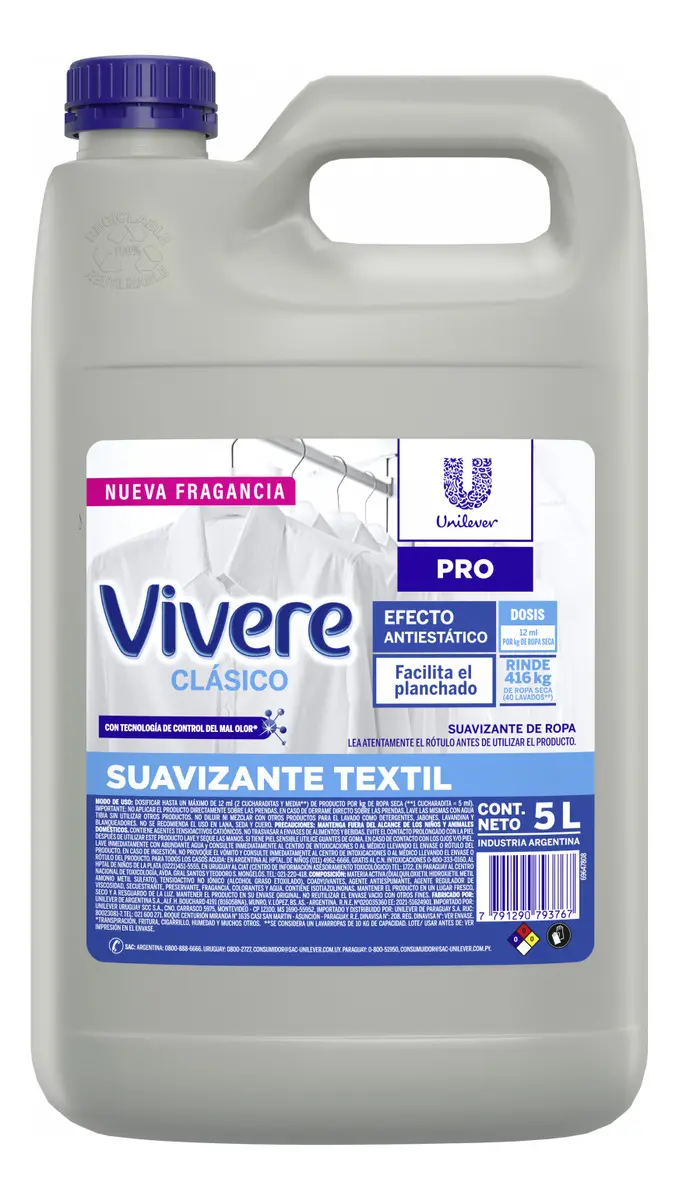 Suavizante Vivere Profesional Ropa Textil Antiestático 5 Litros