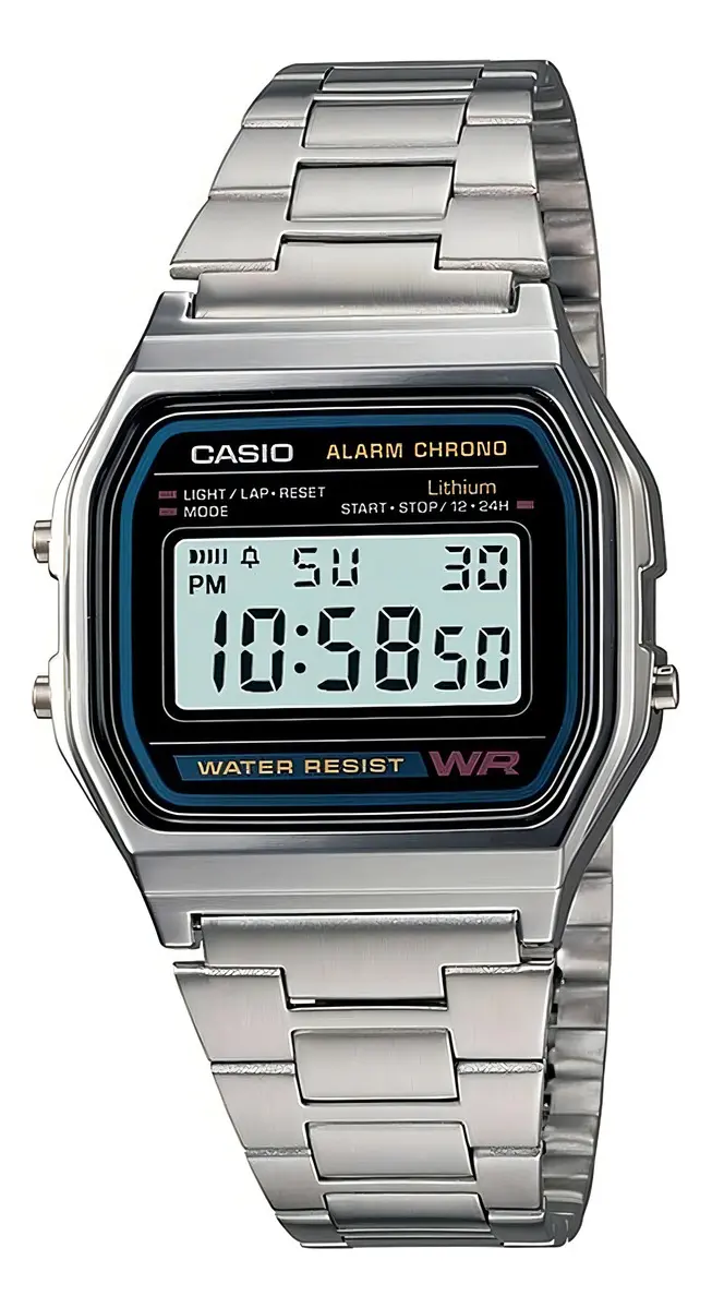 Reloj Casio Hombre A-158wa Vintage Luz Correa Autoajustable Malla Plateado Bisel Gris Fondo P