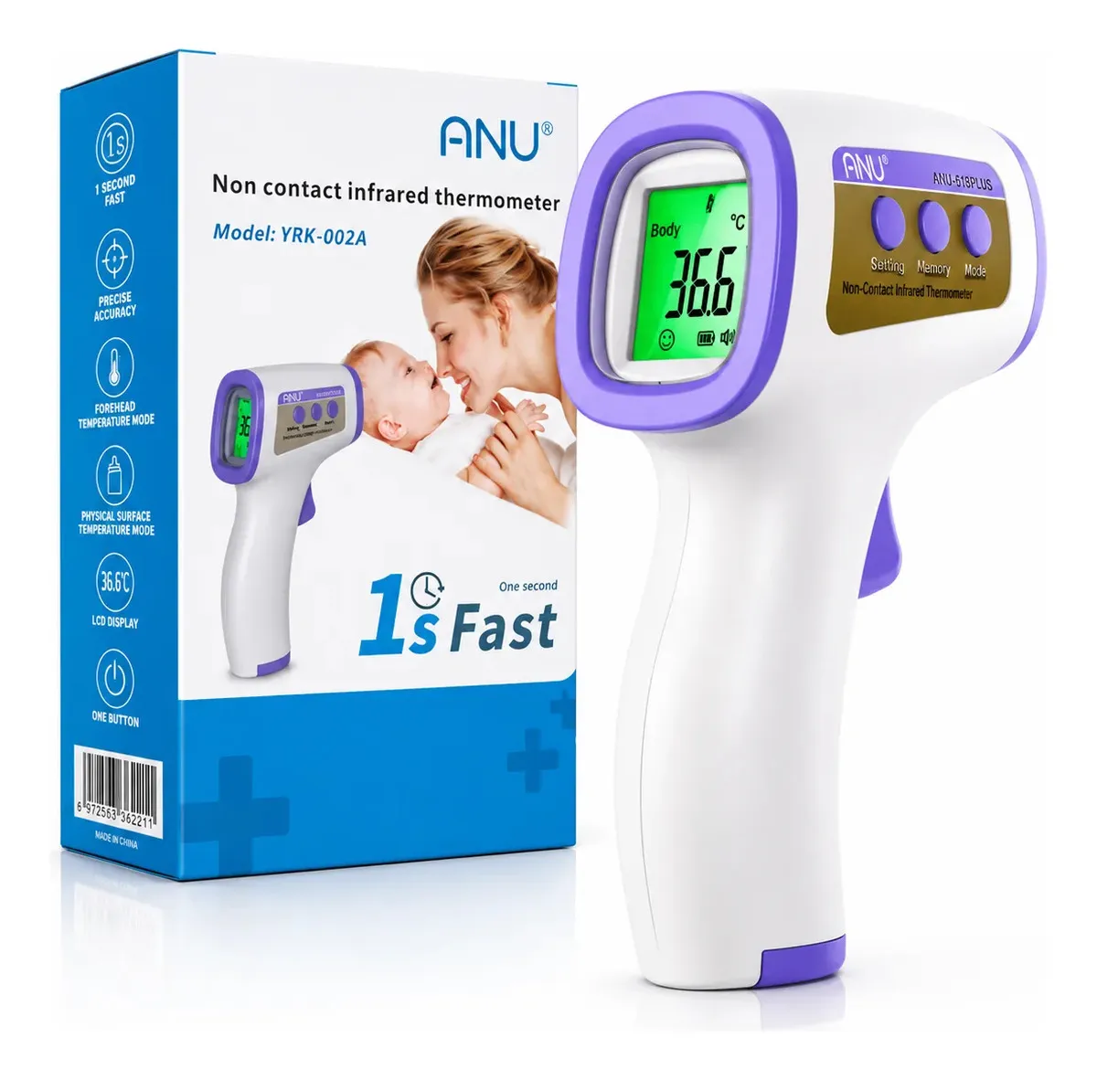 Termómetro Digital Infrarrojo Anu Sin Contacto Con Alarma Pistola Bebés y Adultos
