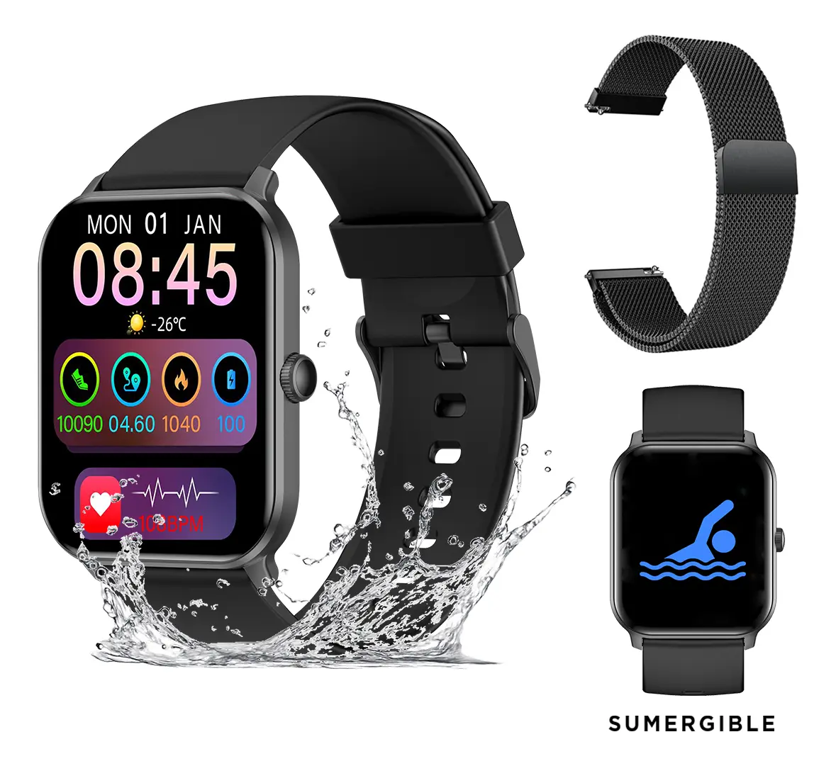 Smartwatch Negro Reloj Inteligente Nictom Llamadas Clasic - Malla Milanese Acero Inoxidable, Pantalla Táctil, Resistente al Agua, Bluetooth IP68