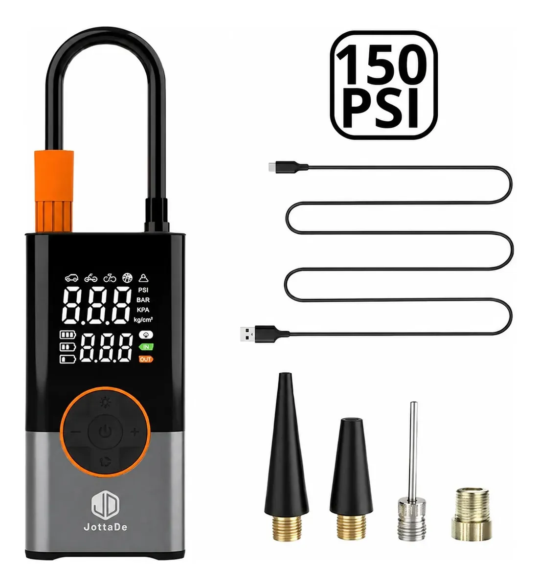 Compresor de Aire Portátil JD Air Master 150 PSI para Neumáticos y Pelotas con Linterna y Power Bank