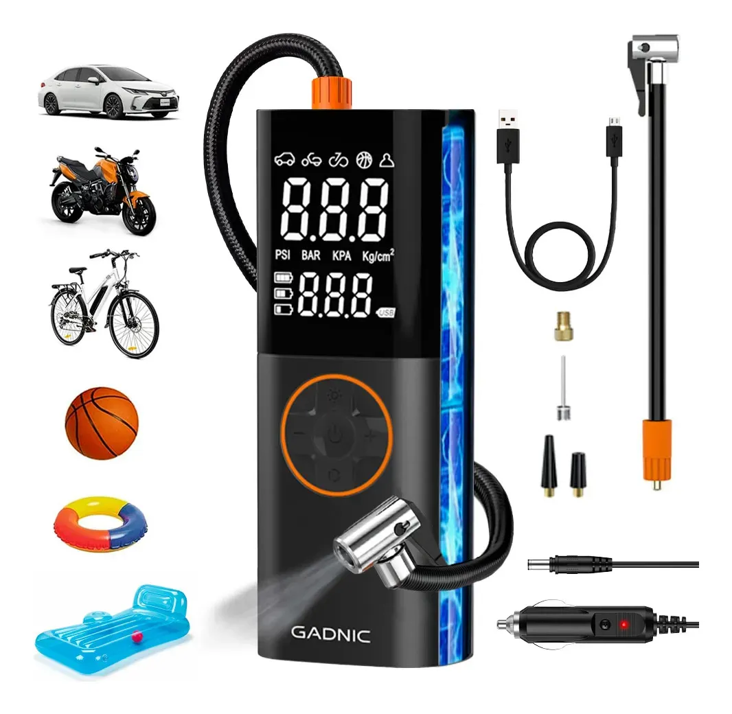 Inflador Compresor Inalambrico Gadnic Linterna Led Pantalla Digital 150 Psi Flujo 19l Min Parada Automatica Puerto Tipo C