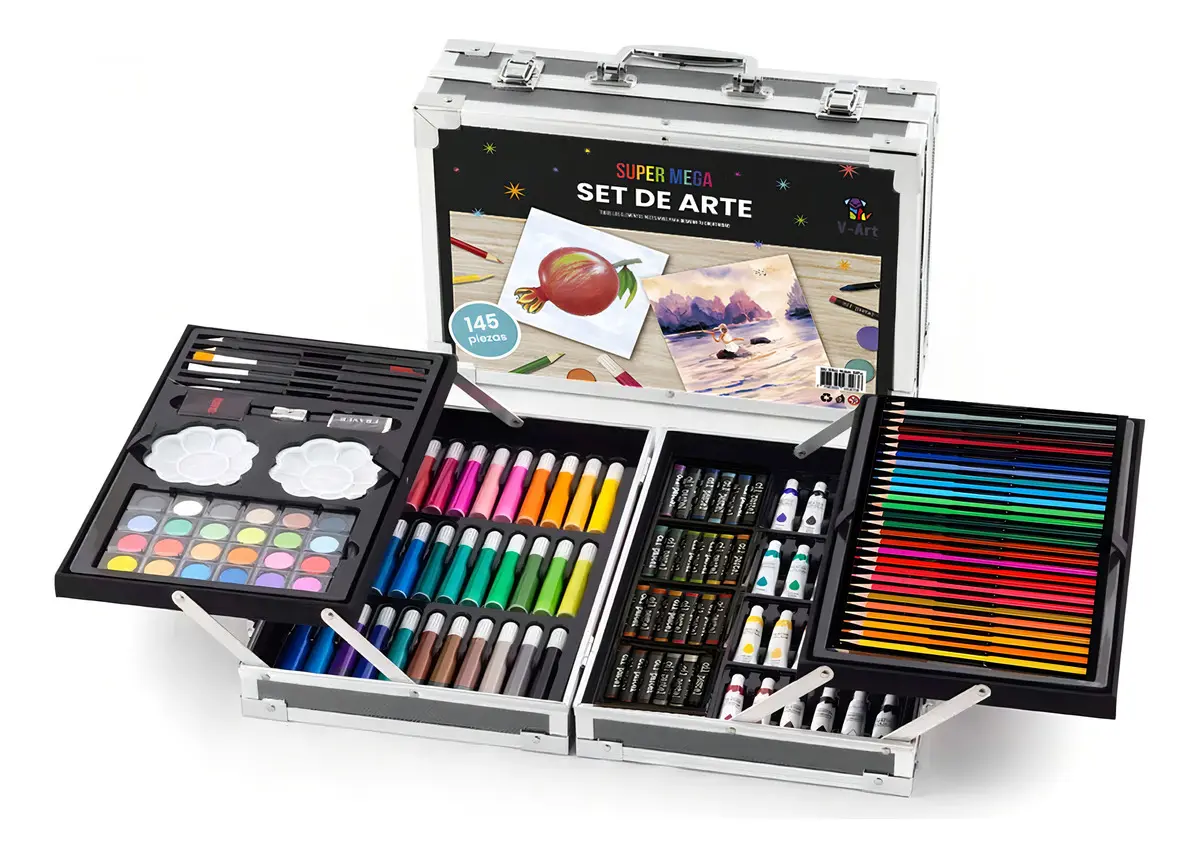 Set Arte Infantil Dibujo Fibra Maletín Metálico Valija X 145 Piezas V-Art By Vicky