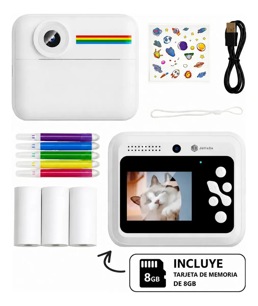 Mini Cámara De Fotos Jd K22 LCD 2.4" Incluye Juegos Stickers y Fibras + Memoria 8GB De Impresión Térmica Video Y Selfie Niños Niñas