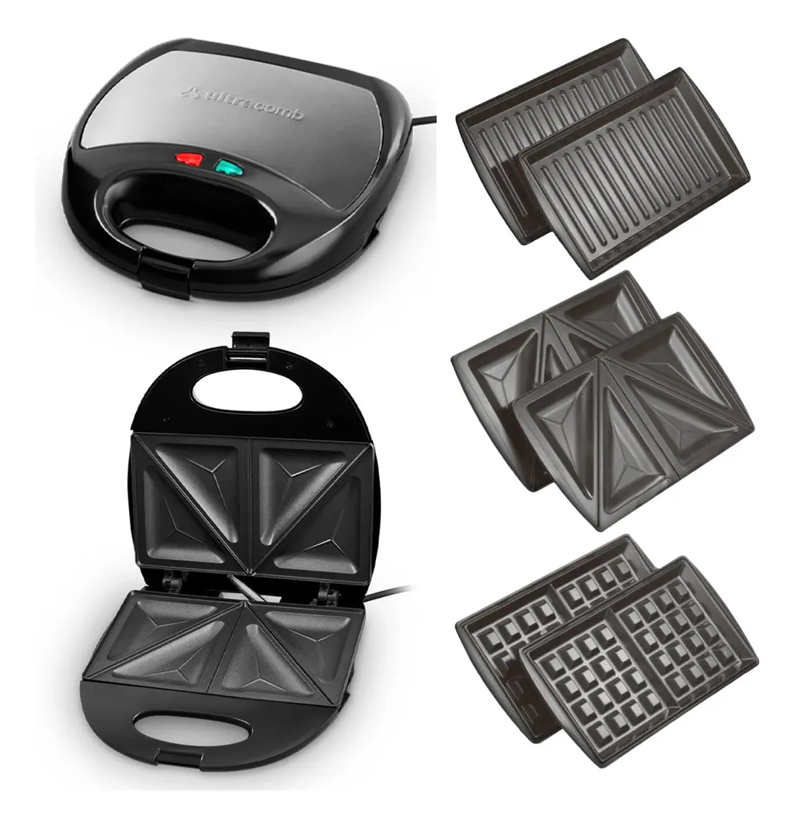 Sandwichera 3 En 1 Marca Ultracomb Modelo Sw-2801 - Negro Waffle Sandwich