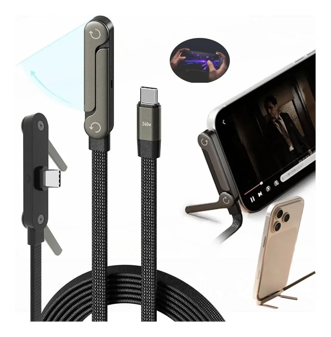 Cable Usb-c De 240w Con Soporte Plegable Y Carga Rápida Negro