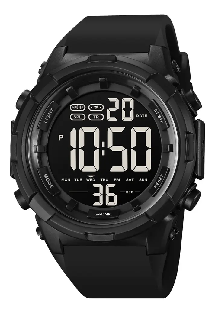 Reloj Digital Gadnic RLM27 Sumergible 50m Con Alarma Cronometro Y Doble Horario Deportivo Negro