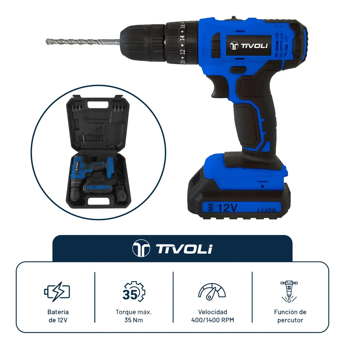 Taladro Atornillador Inalámbrico Tivoli 12V 35Nm Batería Litio Maletín + Accesorios