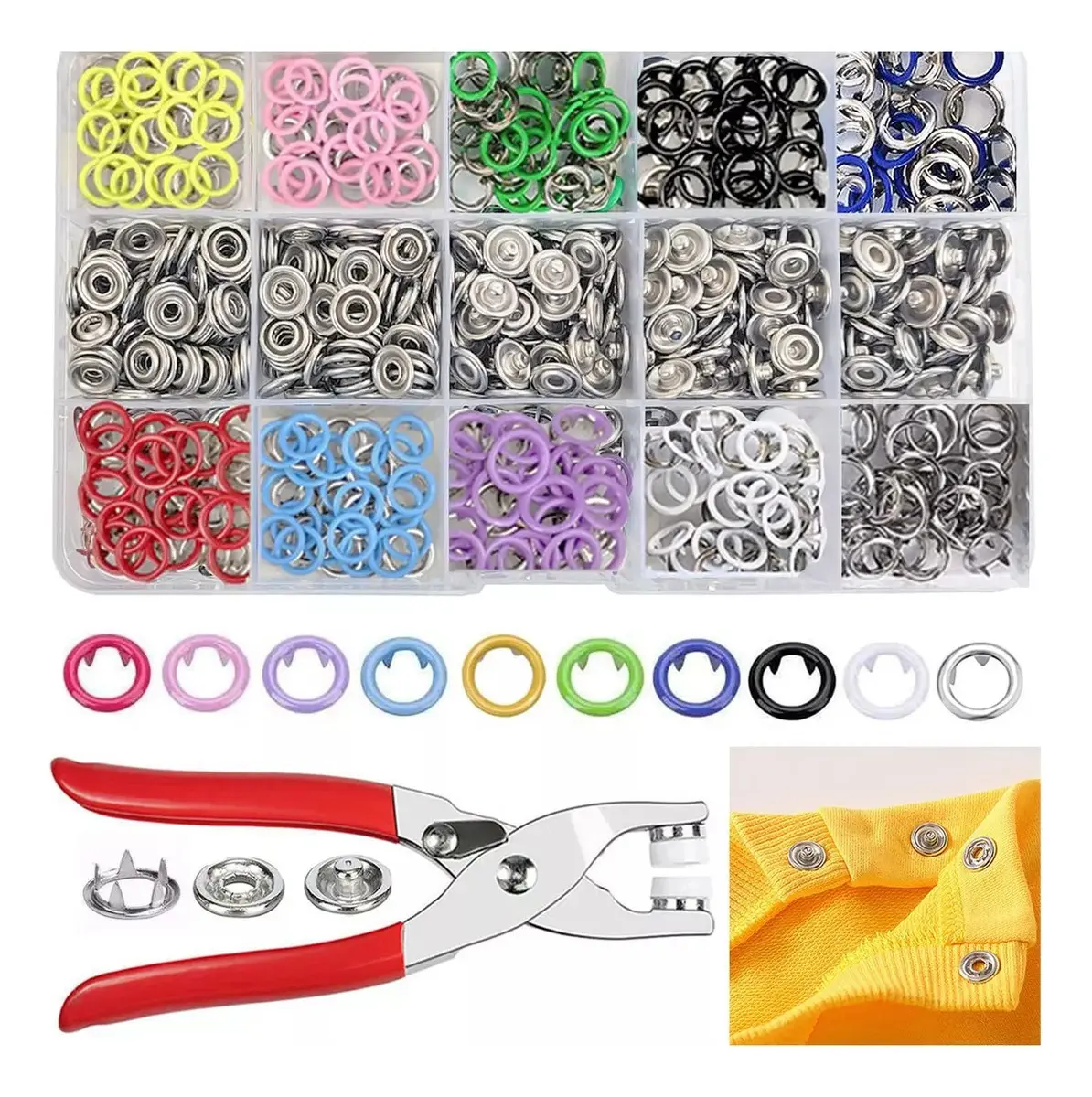 Set Broches surtidos Metálicos Doble Aro a Presión Con Pinza Alicate Manual Para Telas Herramienta de Colocación Ideal Costura Marroquinería 150 Sets Levys Bazar JP463