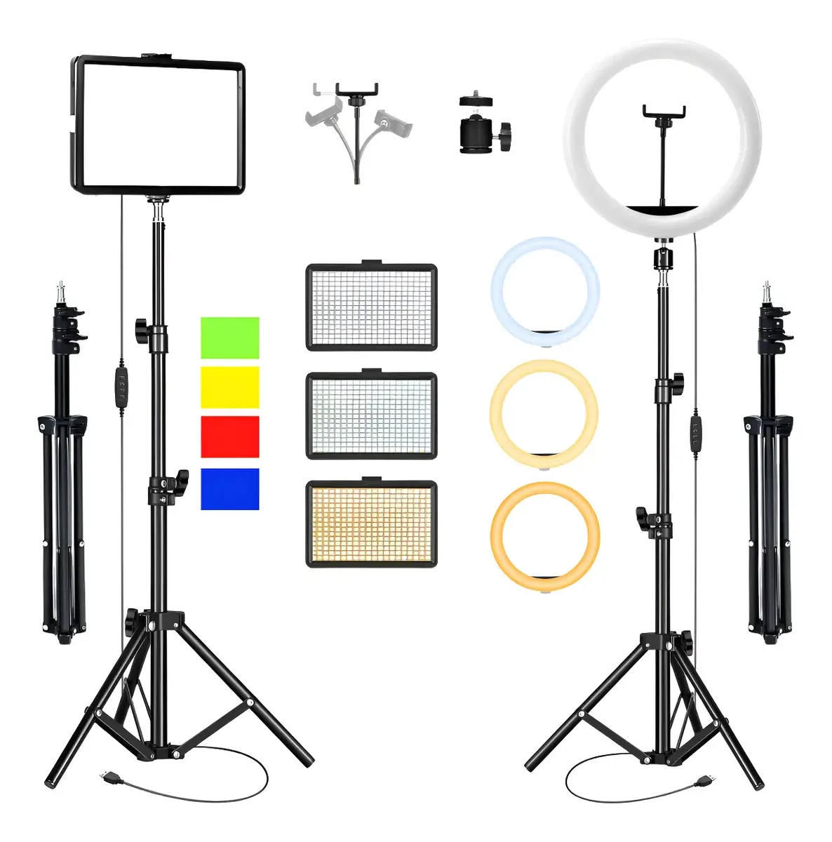 Combo Panel Fotografia Led Profesional + Aro De Luz 26 Cm Negro Blanco Calido Blanco Frio Blanco Neutro Colores