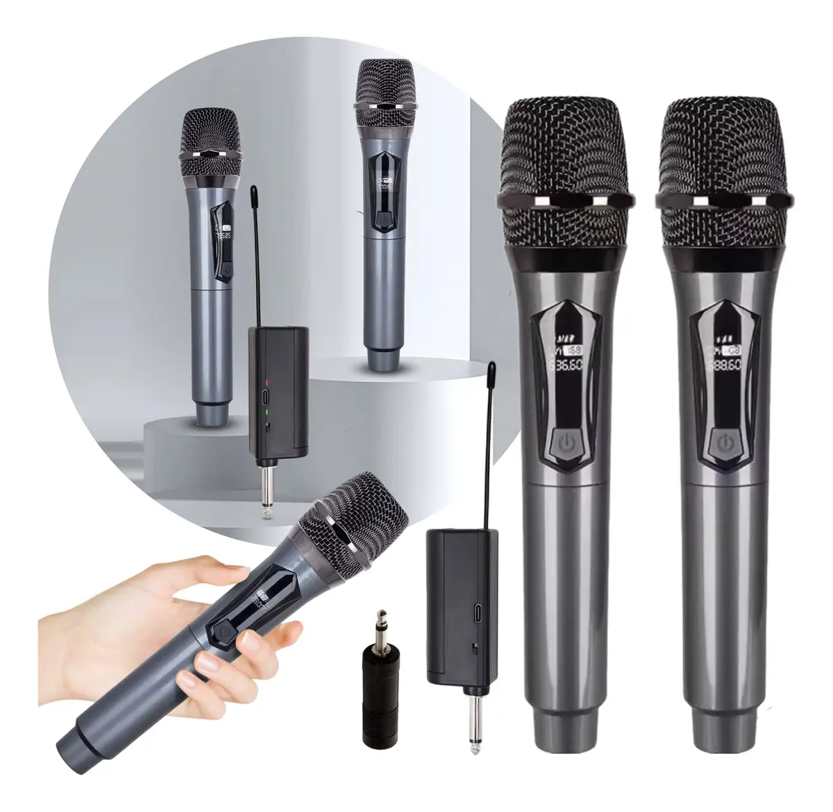 Microfonos Inalambricos Uhf Recargable Accesorios Karaoke Set X2 Receptor 3.5mm 6.35mm Veoquiero