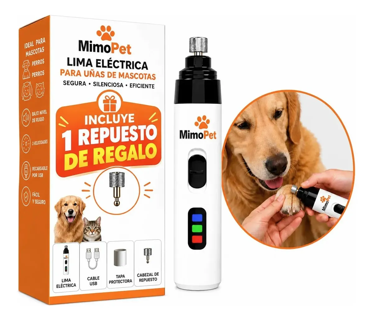 Lima Cortaúñas + Repuesto Mascotas Usb Silenciosa Molinillo Blanco