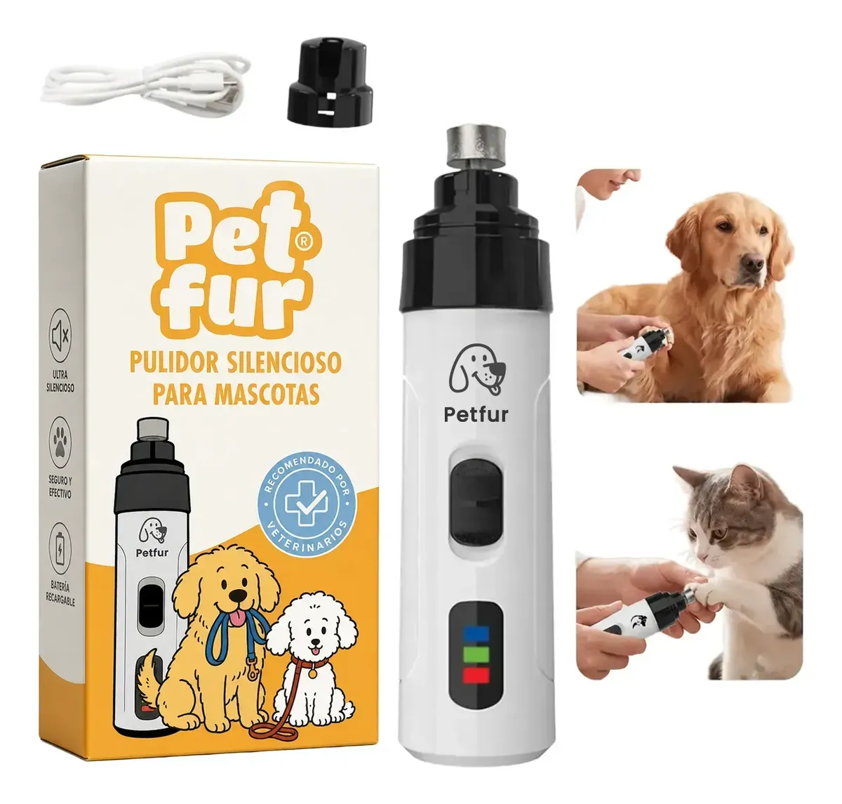 Lima Eléctrica Uñas Mascotas Silencioso Recargable Usb Perro Blanco Todas